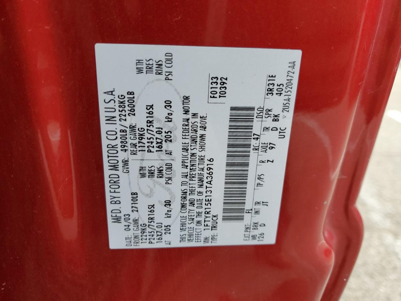 1FTYR15E13TA36916 2003 Ford Ranger Super Cab