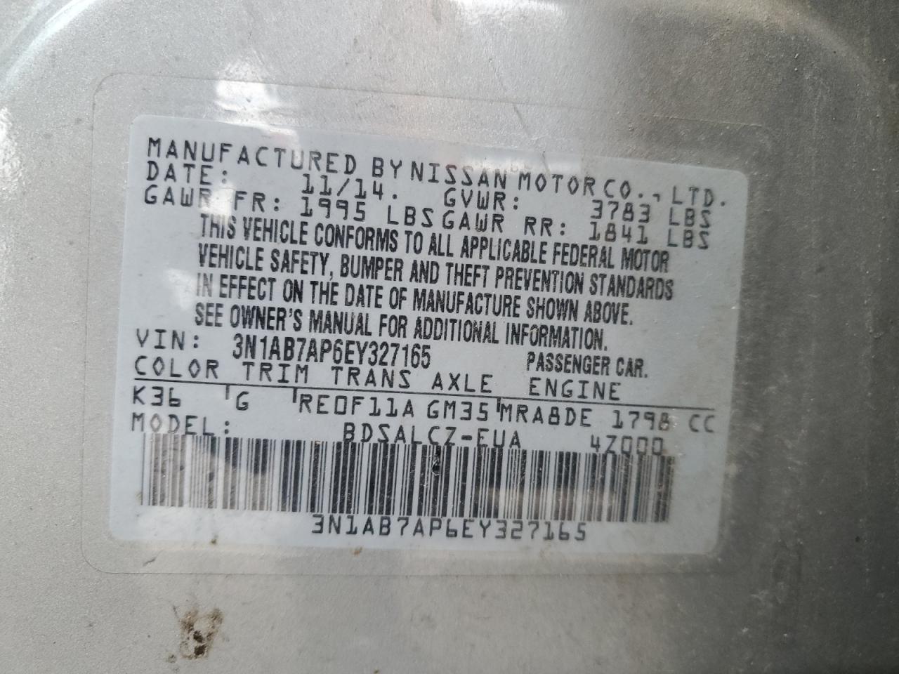 3N1AB7AP6EY327165 2014 Nissan Sentra S