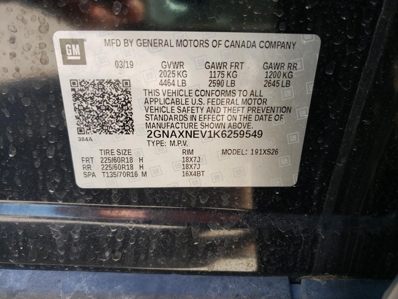 2GNAXNEV1K6259549 2019 Chevrolet Equinox Premier