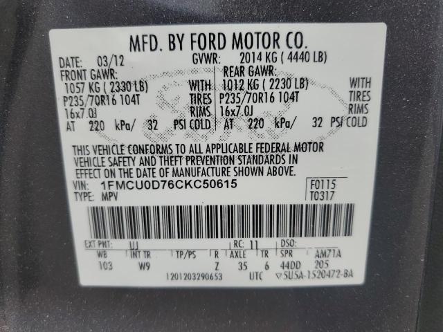 2012 Ford Escape Xlt VIN: 1FMCU0D76CKC50615 Lot: 50947664