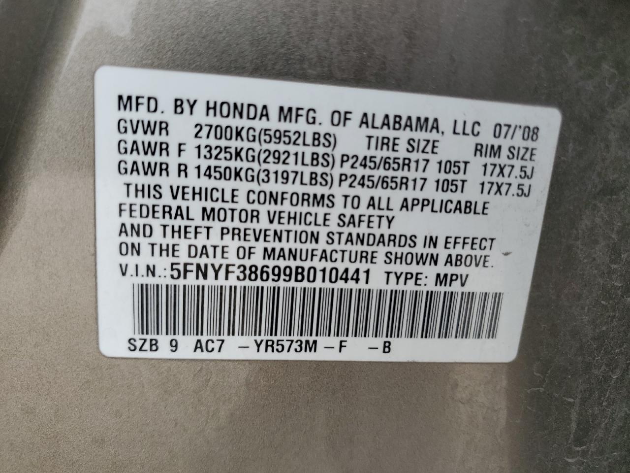 5FNYF38699B010441 2009 Honda Pilot Exl