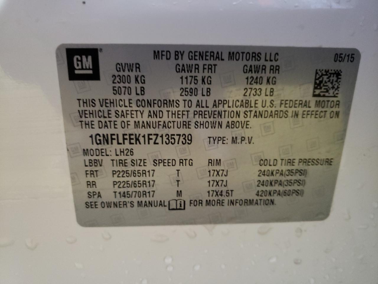 1GNFLFEK1FZ135739 2015 Chevrolet Equinox Lt