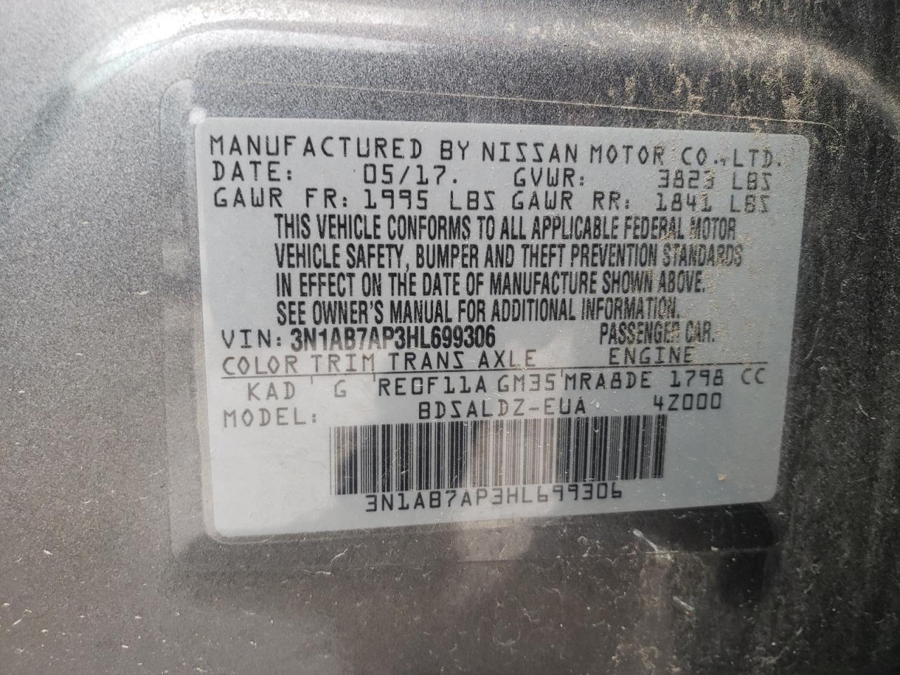 3N1AB7AP3HL699306 2017 Nissan Sentra S