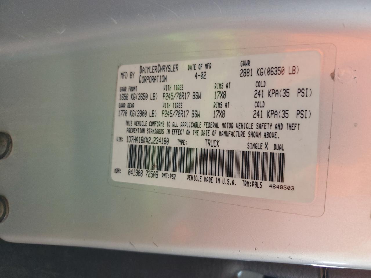 1D7HA16KX2J234180 2002 Dodge Ram 1500