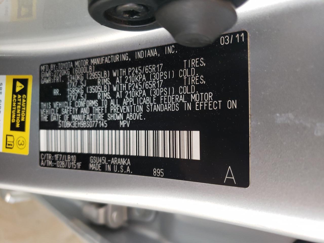 5TDBK3EH9BS077145 2011 Toyota Highlander Base