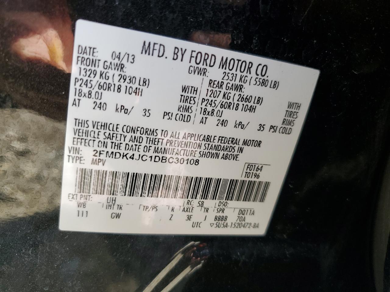 2FMDK4JC1DBC30108 2013 Ford Edge Sel