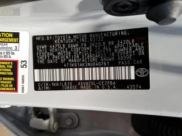 2022 Toyota Camry Xse VIN: 4T1K61AK3NU040761 Lot: 49318284