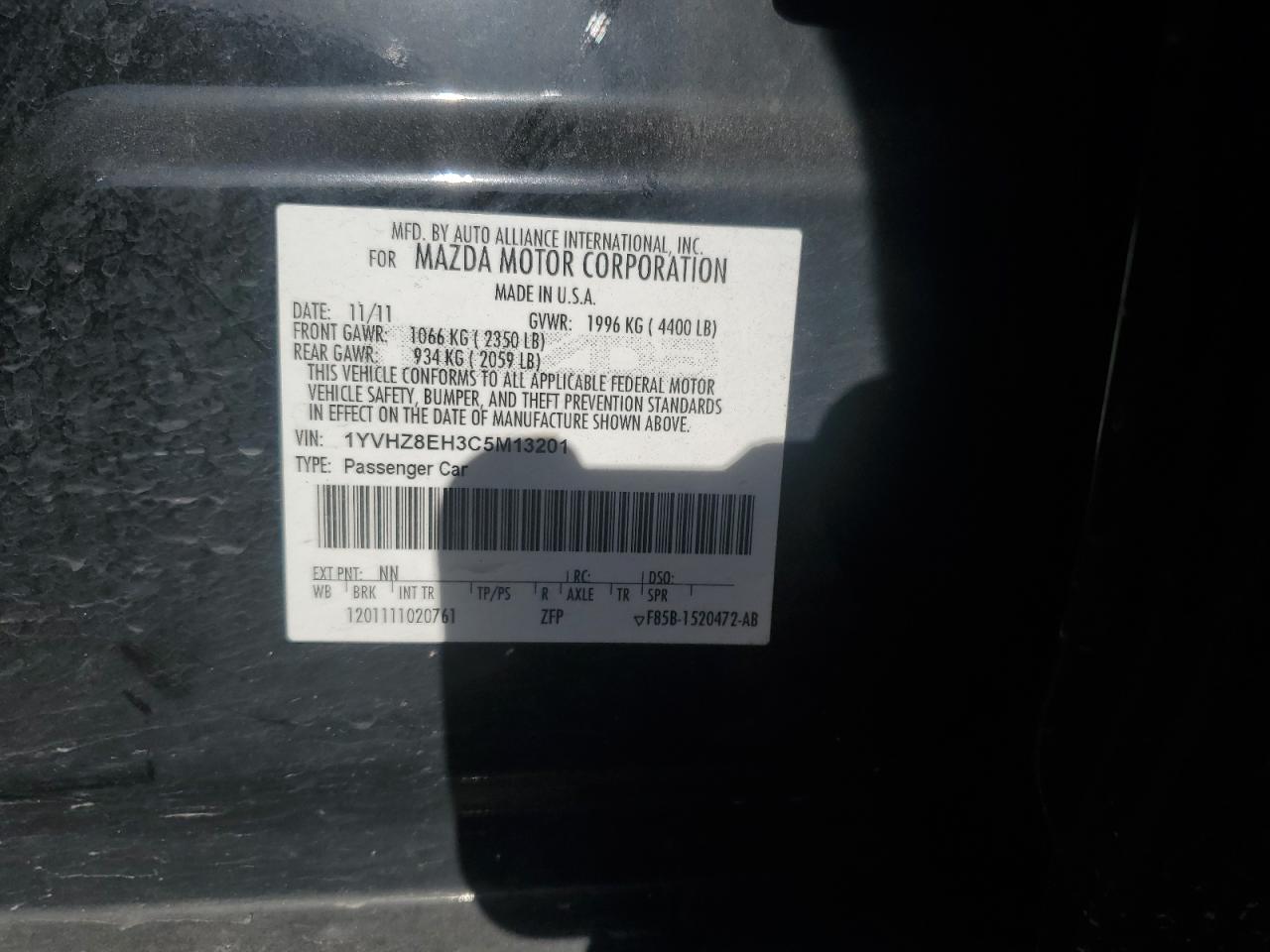 1YVHZ8EH3C5M13201 2012 Mazda 6 I