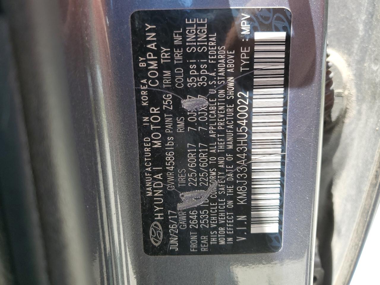 KM8J33A43HU540022 2017 Hyundai Tucson Limited