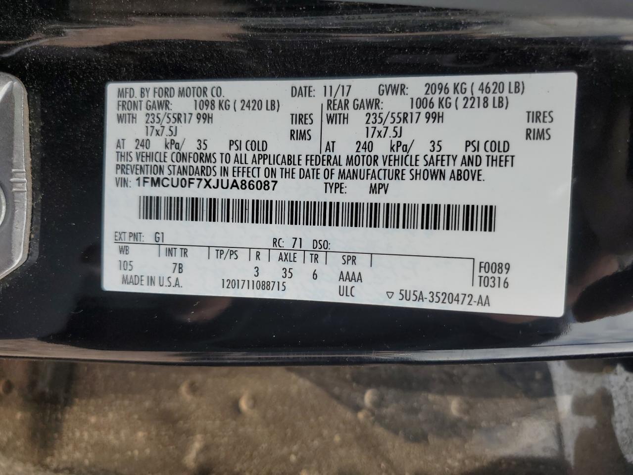 1FMCU0F7XJUA86087 2018 Ford Escape S