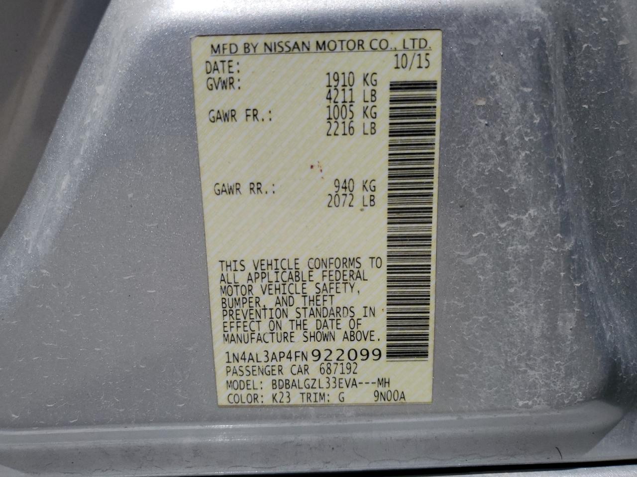 1N4AL3AP4FN922099 2015 Nissan Altima 2.5