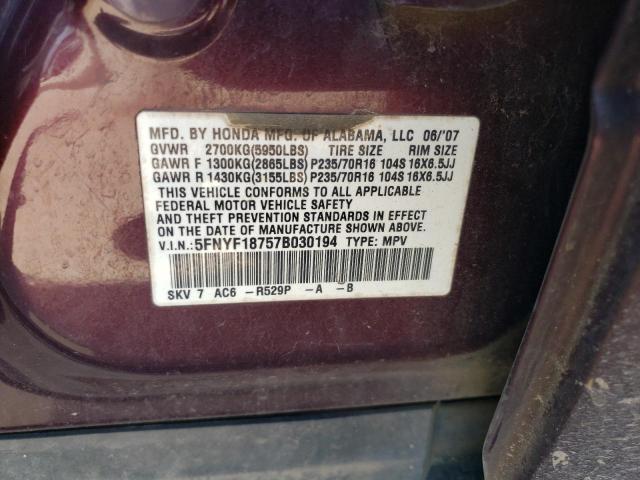 2007 Honda Pilot Exl VIN: 5FNYF18757B030194 Lot: 51029594