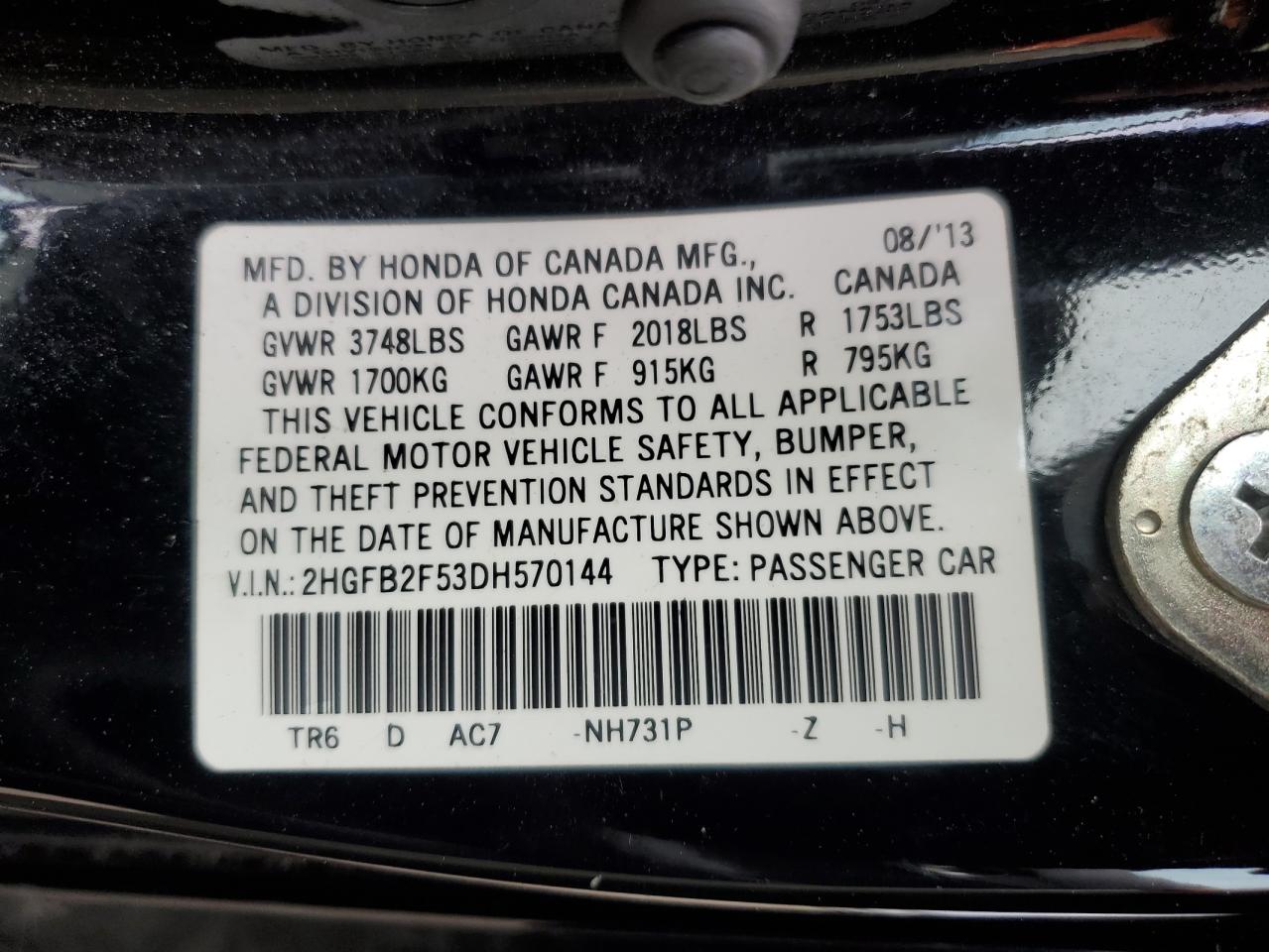 2HGFB2F53DH570144 2013 Honda Civic Lx