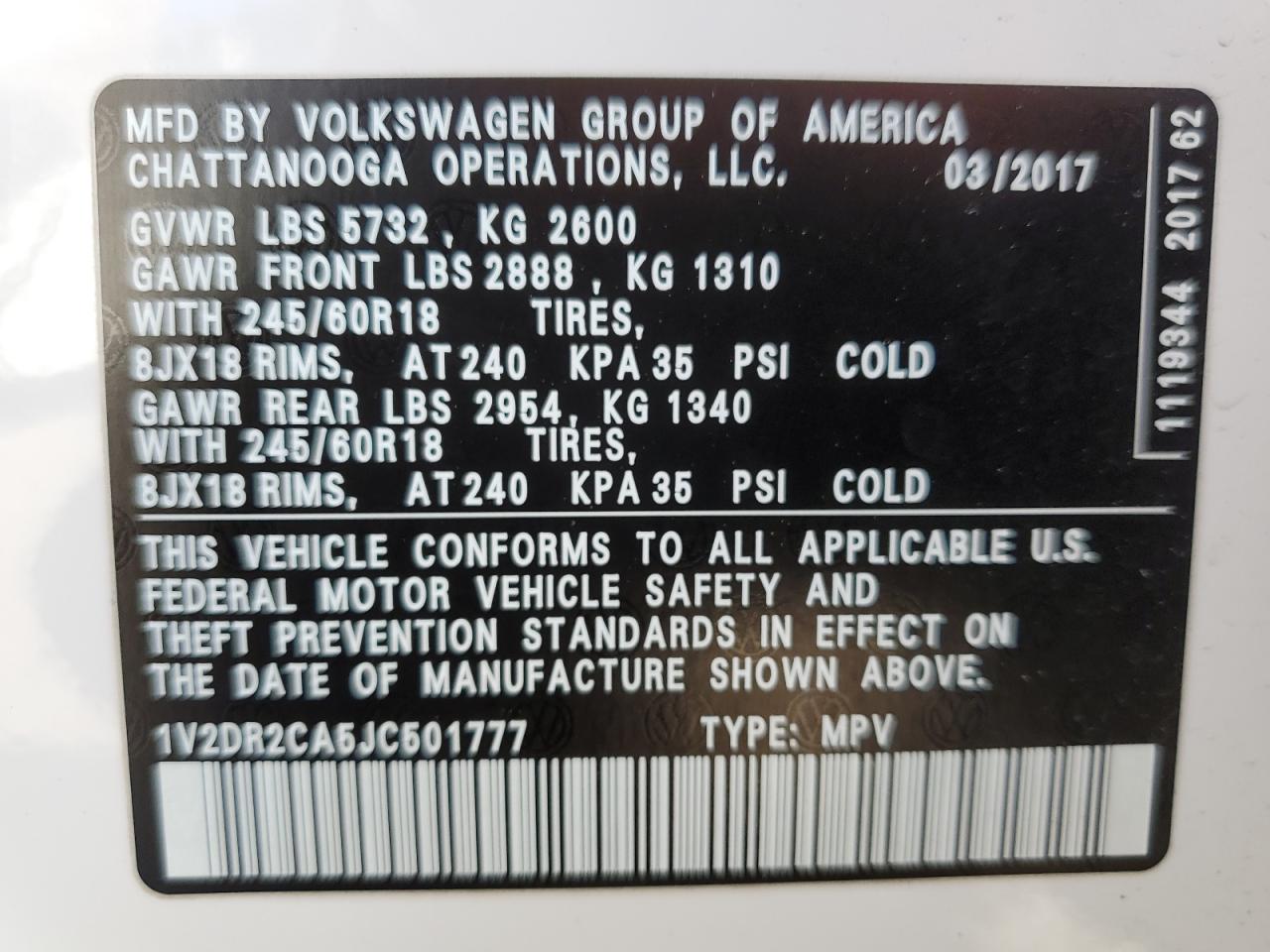 1V2DR2CA5JC501777 2018 Volkswagen Atlas Se