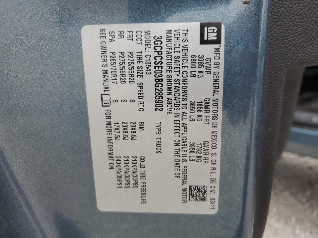 3GCPCSE03BG285902 2011 Chevrolet Silverado C1500 Lt