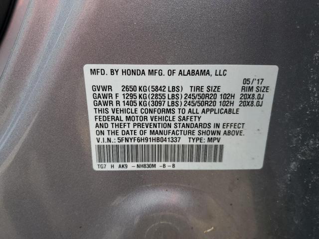 2017 Honda Pilot Touring VIN: 5FNYF6H91HB041337 Lot: 52195144