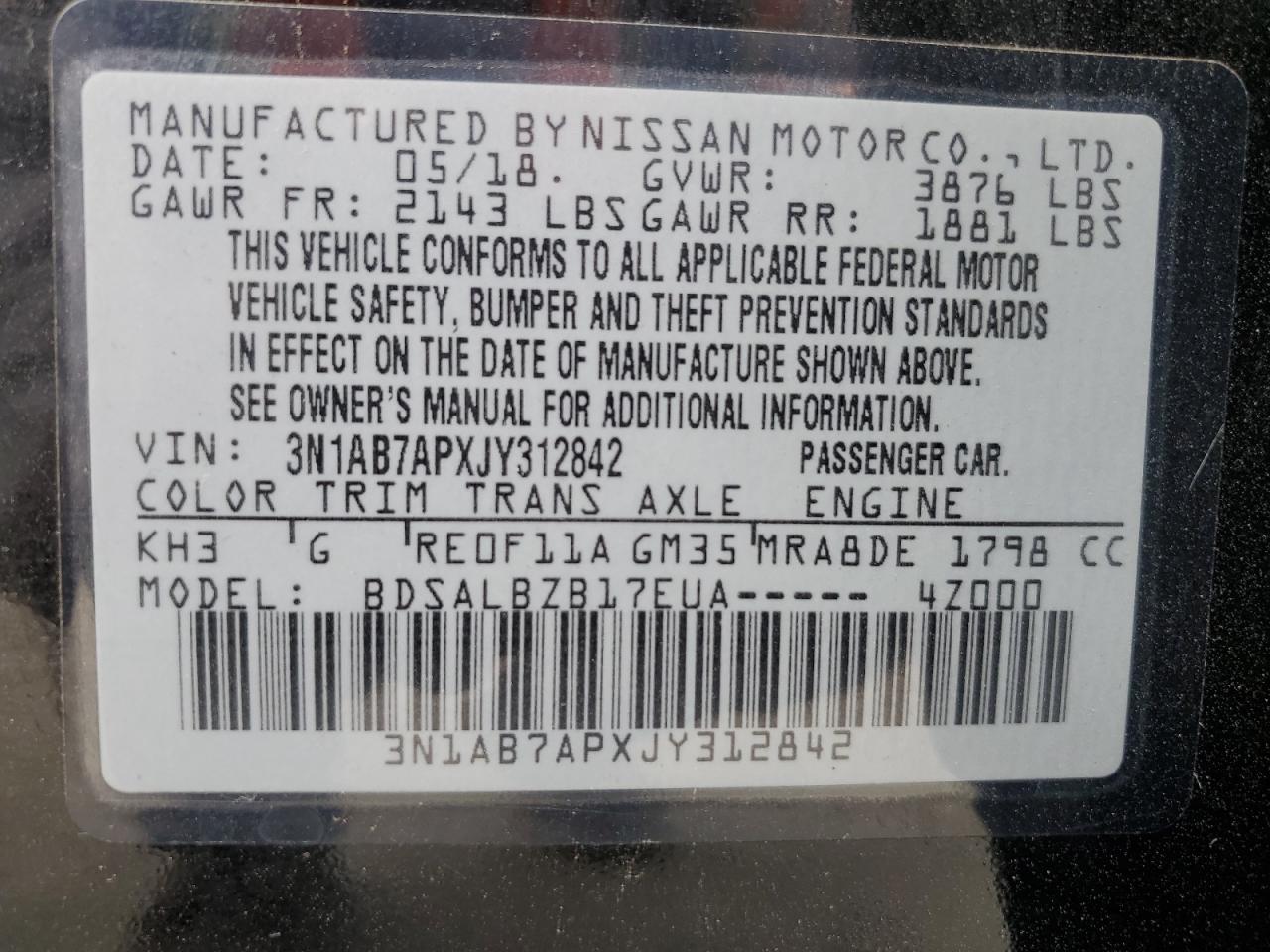 3N1AB7APXJY312842 2018 Nissan Sentra S