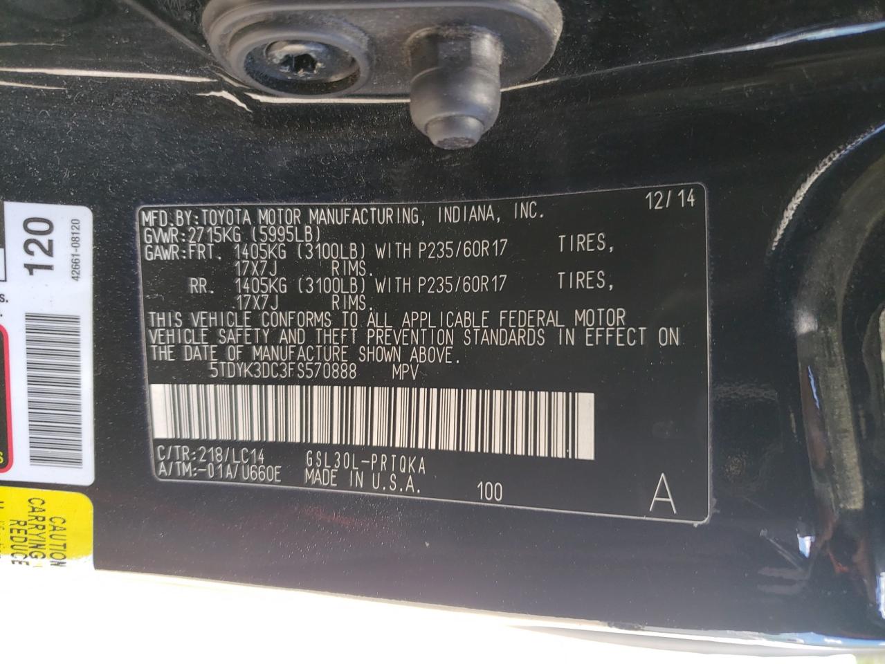 5TDYK3DC3FS570888 2015 Toyota Sienna Xle