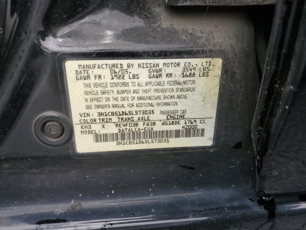 3N1CB51D65L573035 2005 Nissan Sentra 1.8