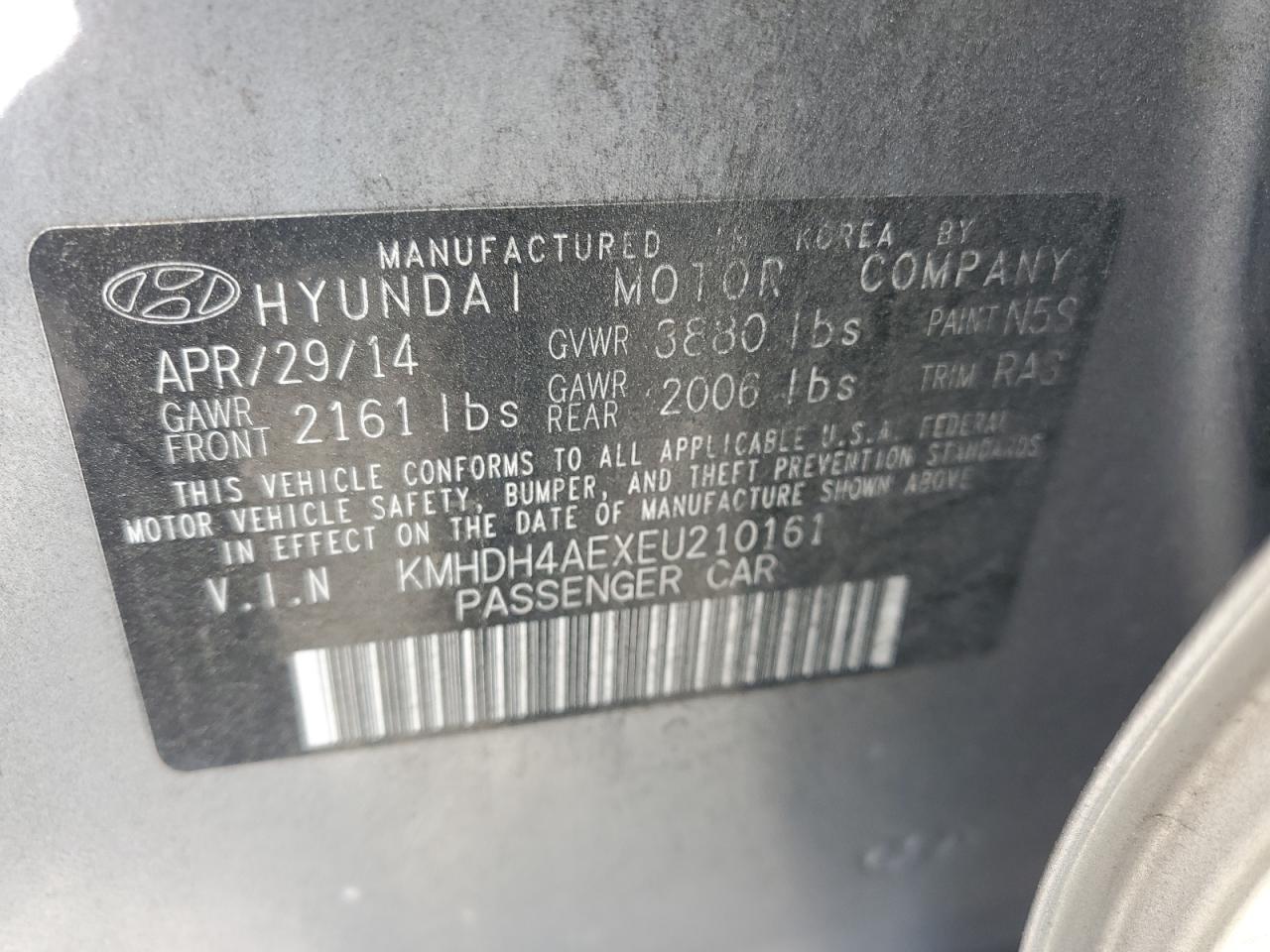 KMHDH4AEXEU210161 2014 Hyundai Elantra Se