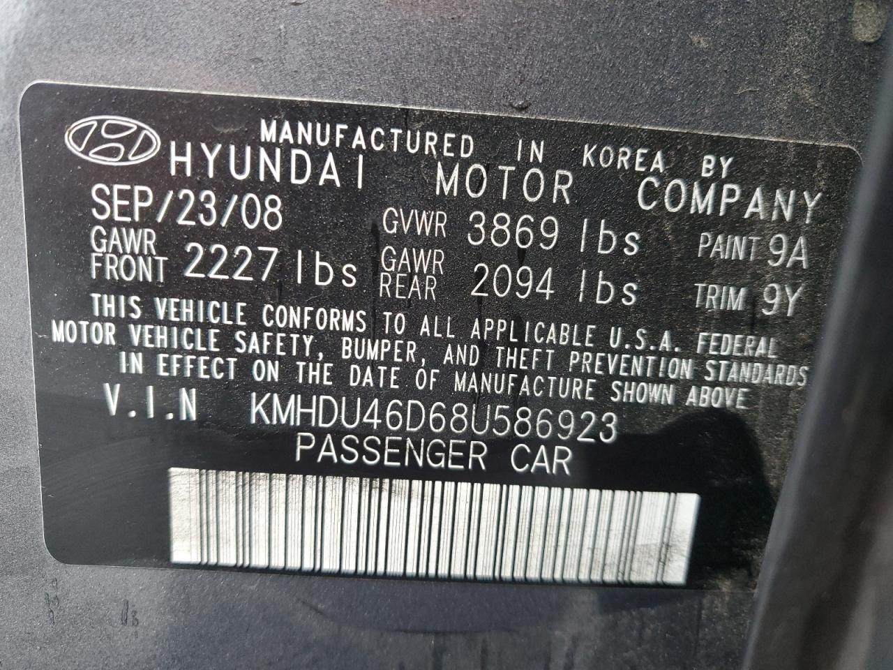 KMHDU46D68U586923 2008 Hyundai Elantra Gls