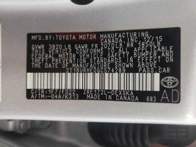 2016 Toyota Corolla L VIN: 2T1BURHE0GC574289 Lot: 52045534
