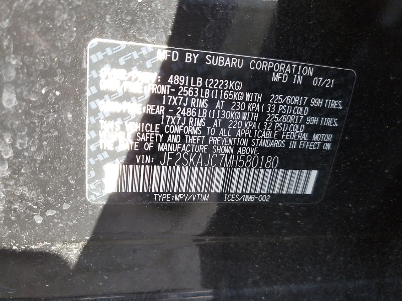 JF2SKAJC7MH580180 2021 Subaru Forester Premium