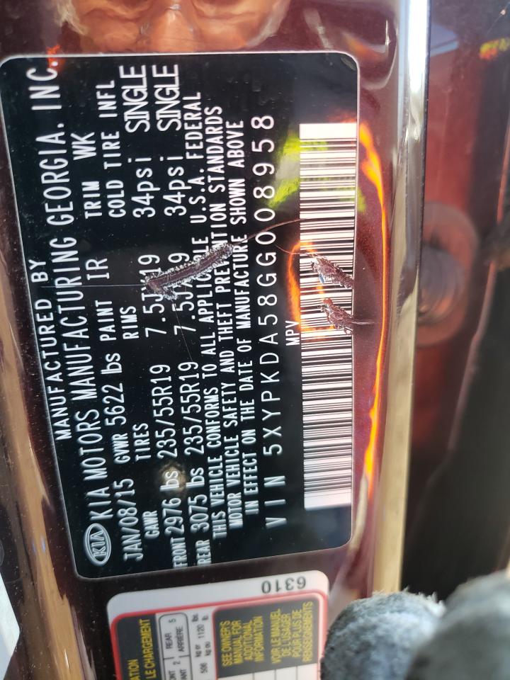 5XYPKDA58GG008958 2016 Kia Sorento Sx