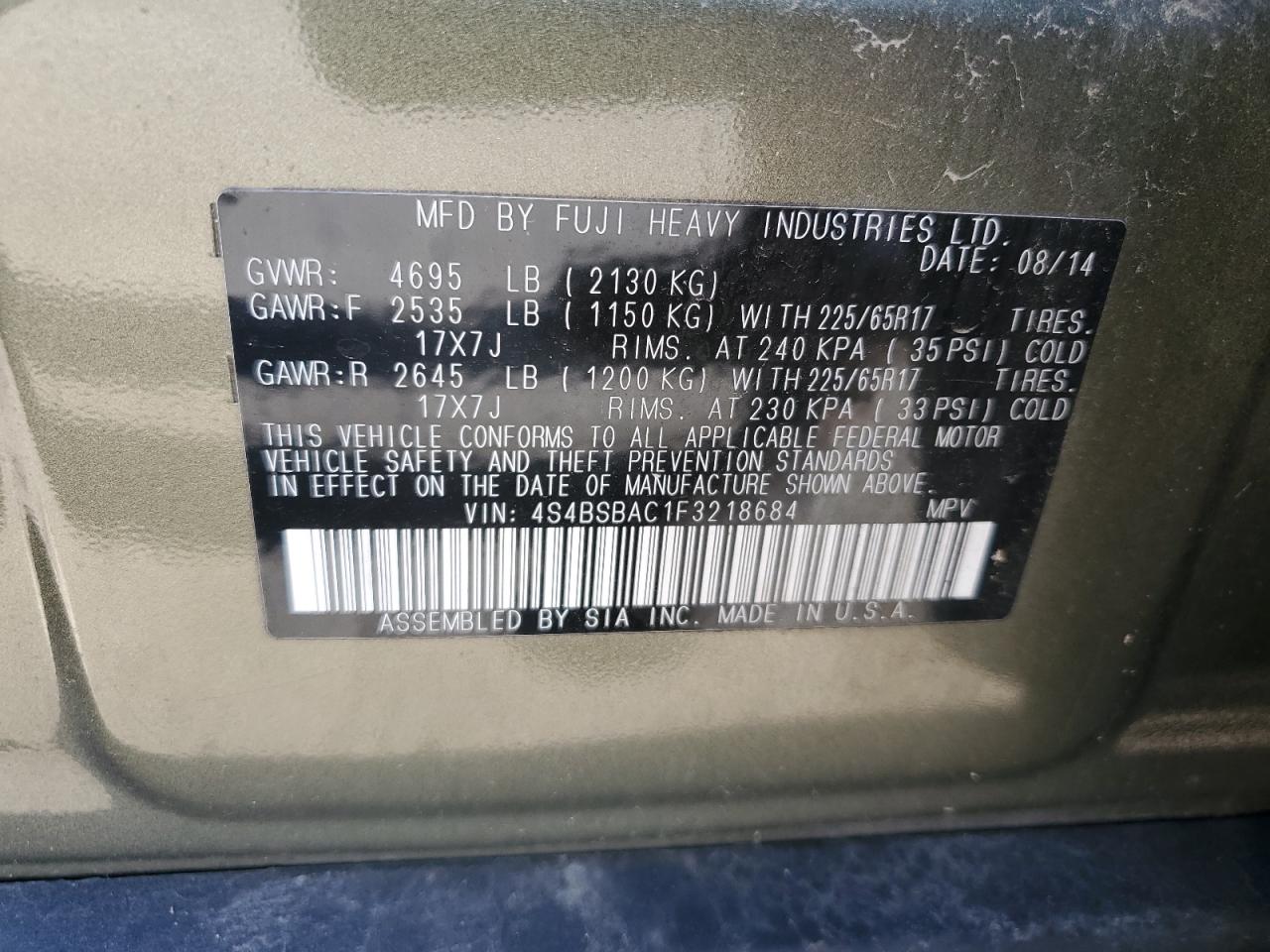 4S4BSBAC1F3218684 2015 Subaru Outback 2.5I