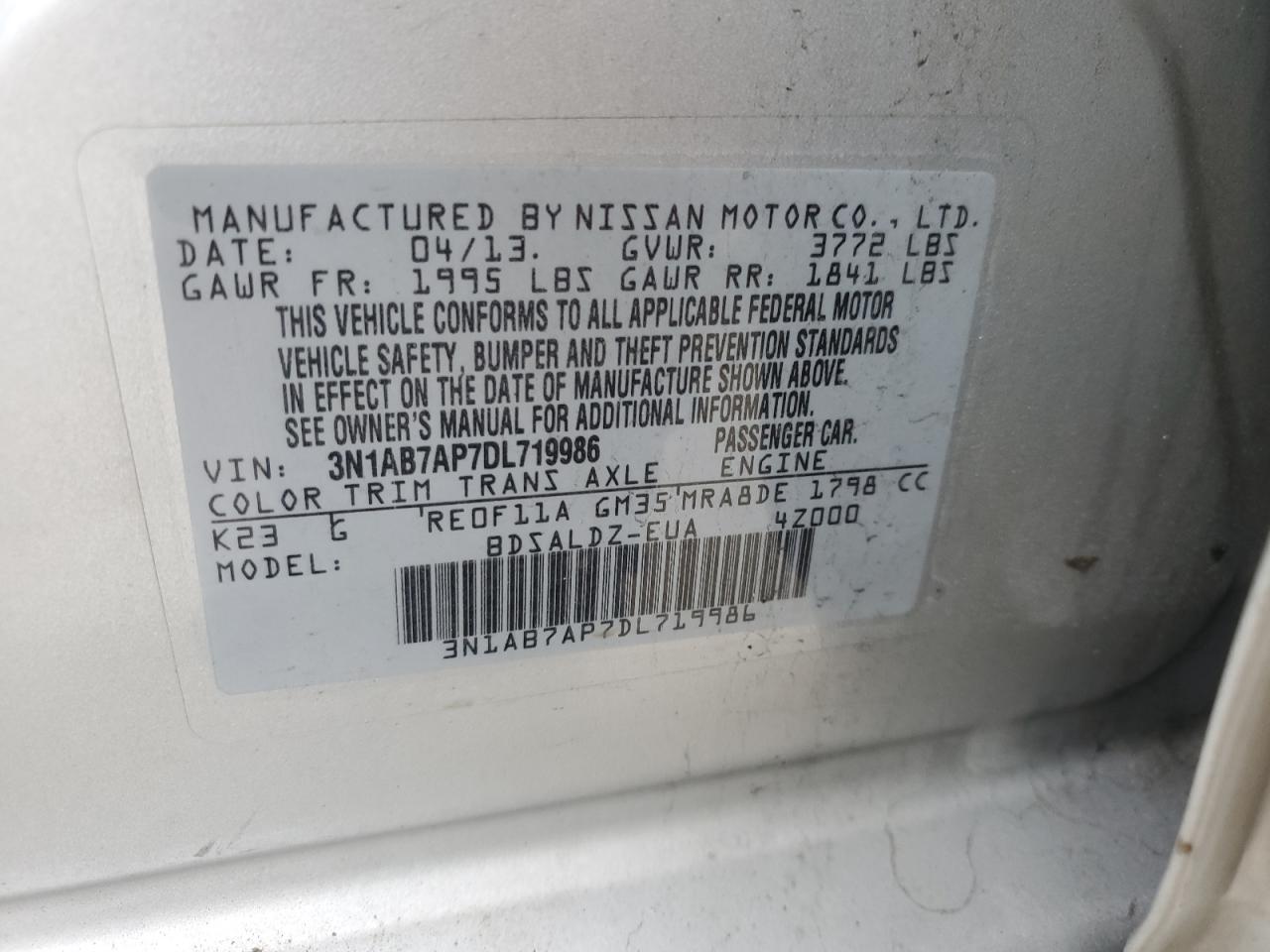 3N1AB7AP7DL719986 2013 Nissan Sentra S