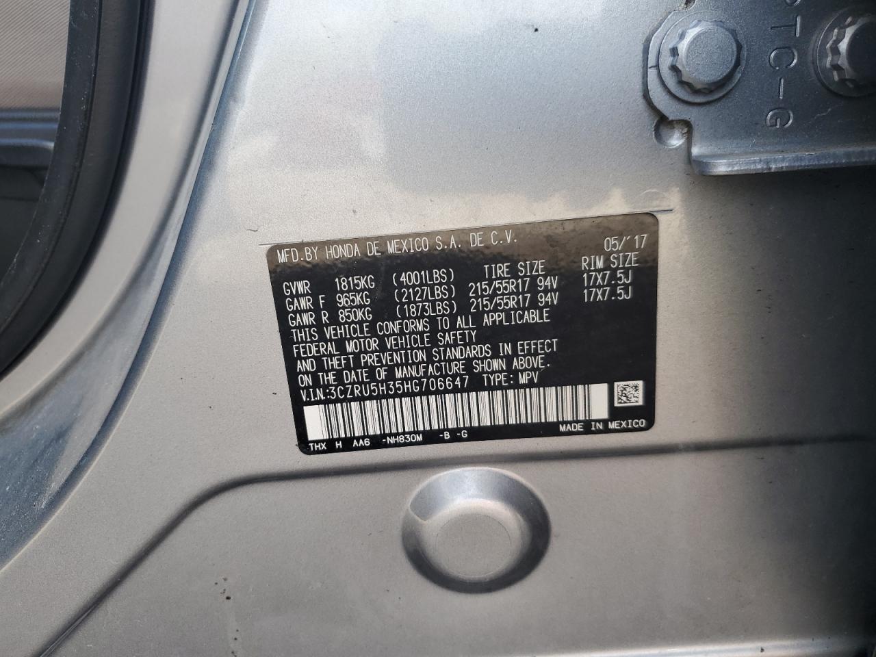 3CZRU5H35HG706647 2017 Honda Hr-V Lx