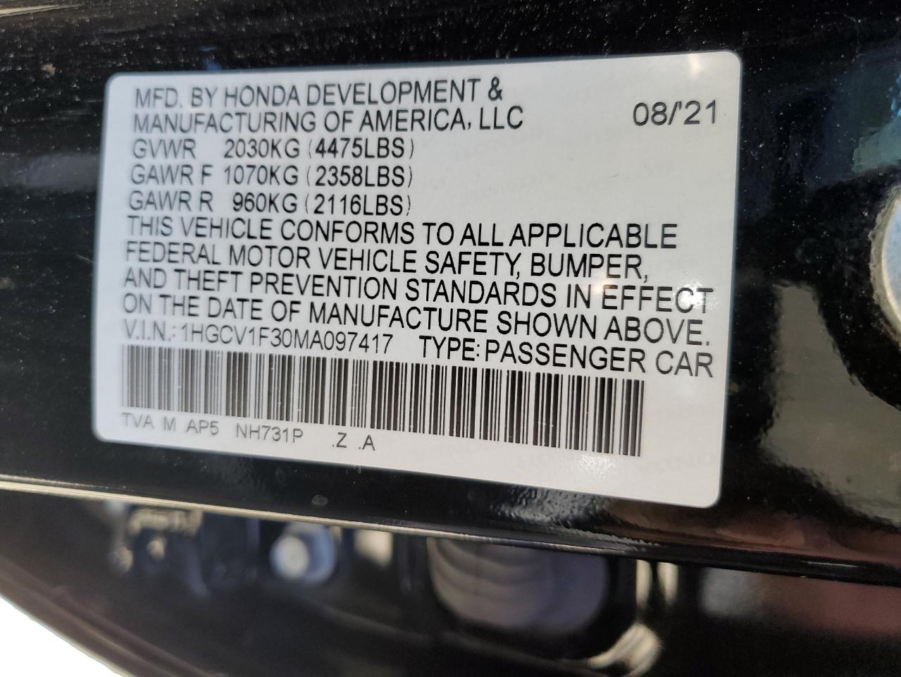 1HGCV1F30MA097417 2021 Honda Accord Sport