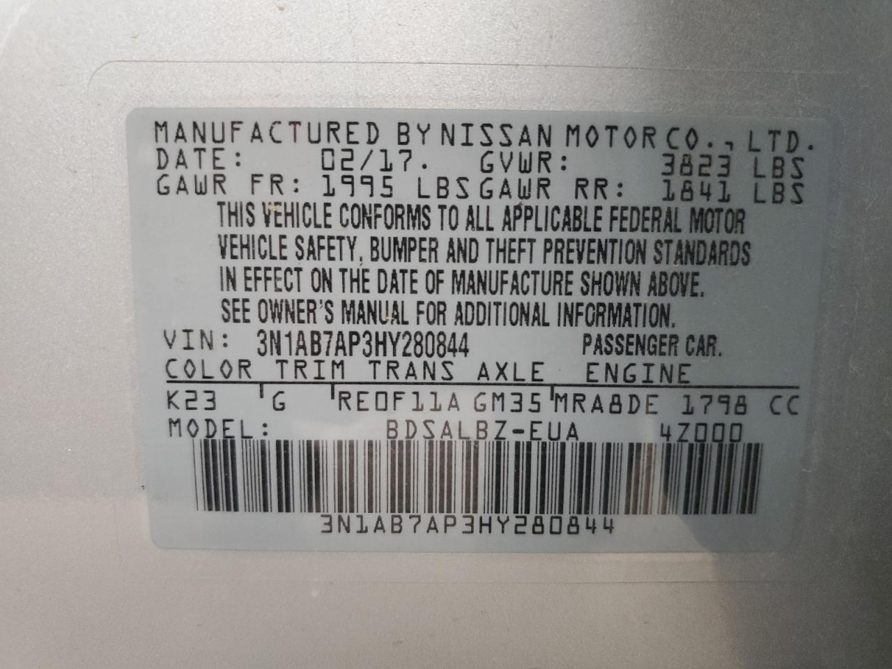 3N1AB7AP3HY280844 2017 Nissan Sentra S