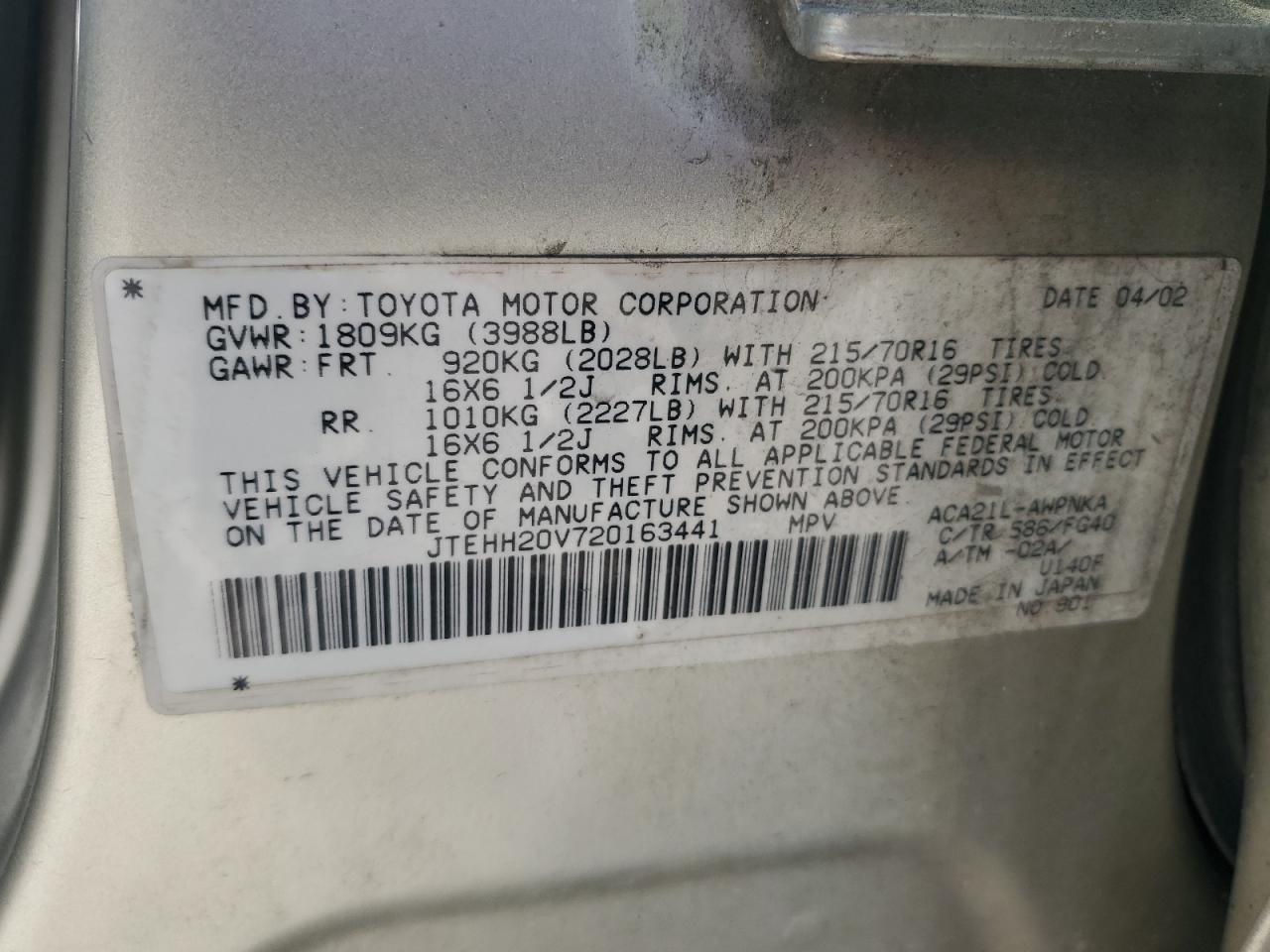 JTEHH20V720163441 2002 Toyota Rav4