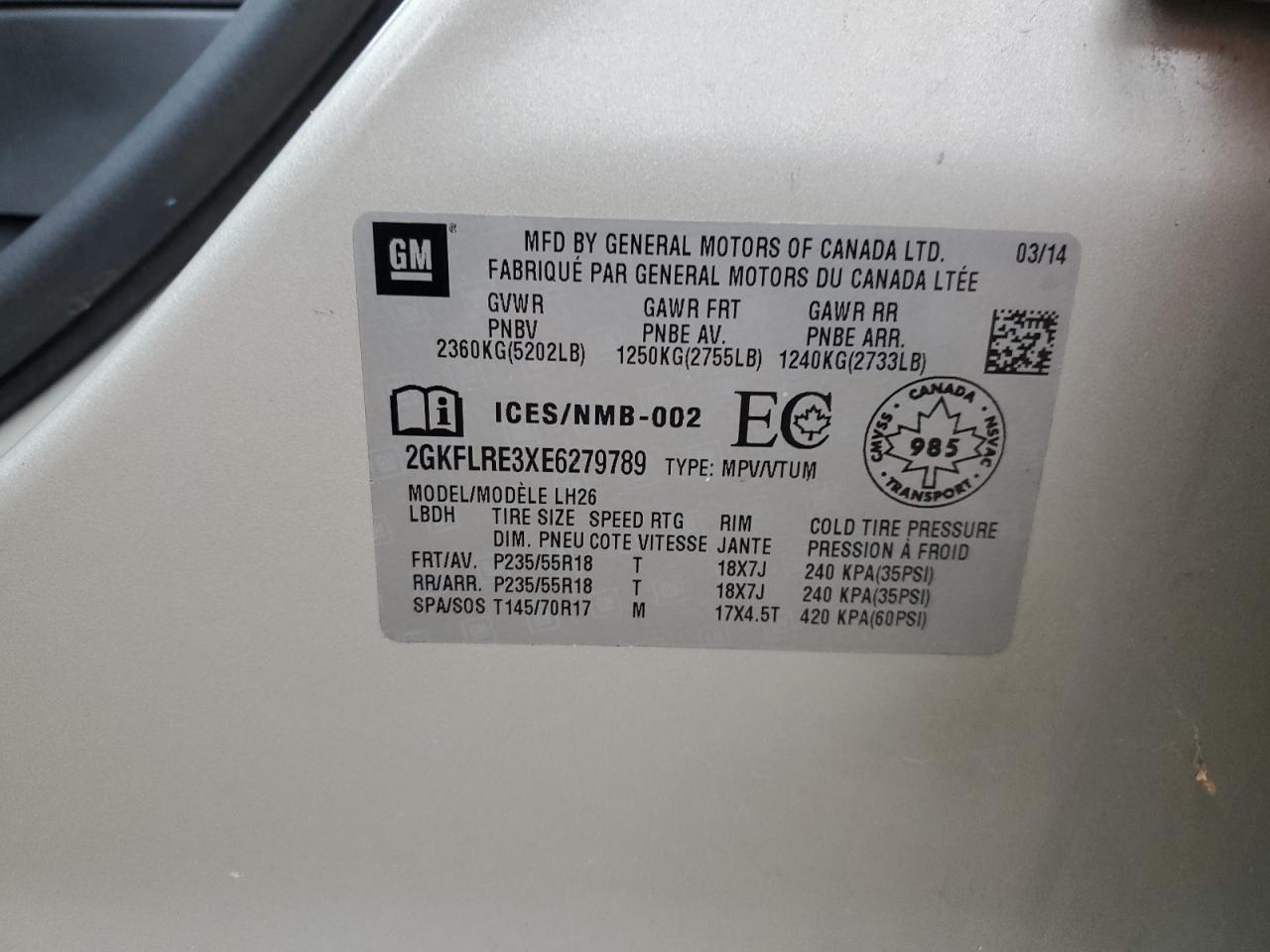 2GKFLRE3XE6279789 2014 GMC Terrain Sle