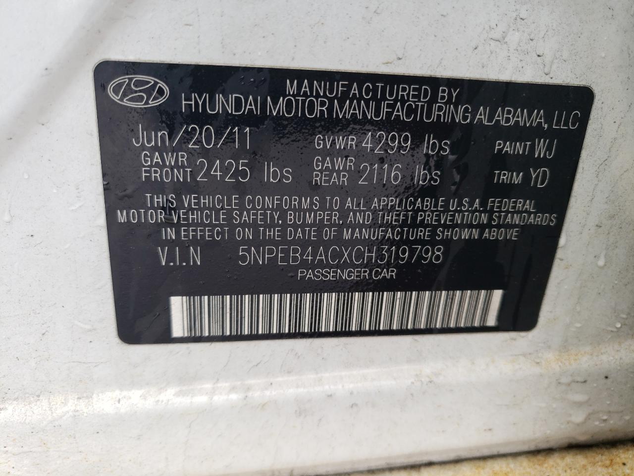 5NPEB4ACXCH319798 2012 Hyundai Sonata Gls