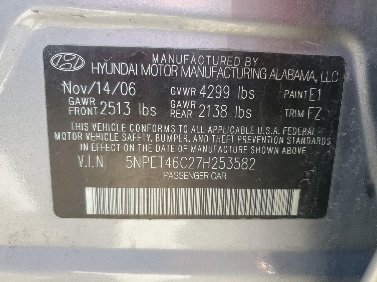 5NPET46C27H253582 2007 Hyundai Sonata Gls