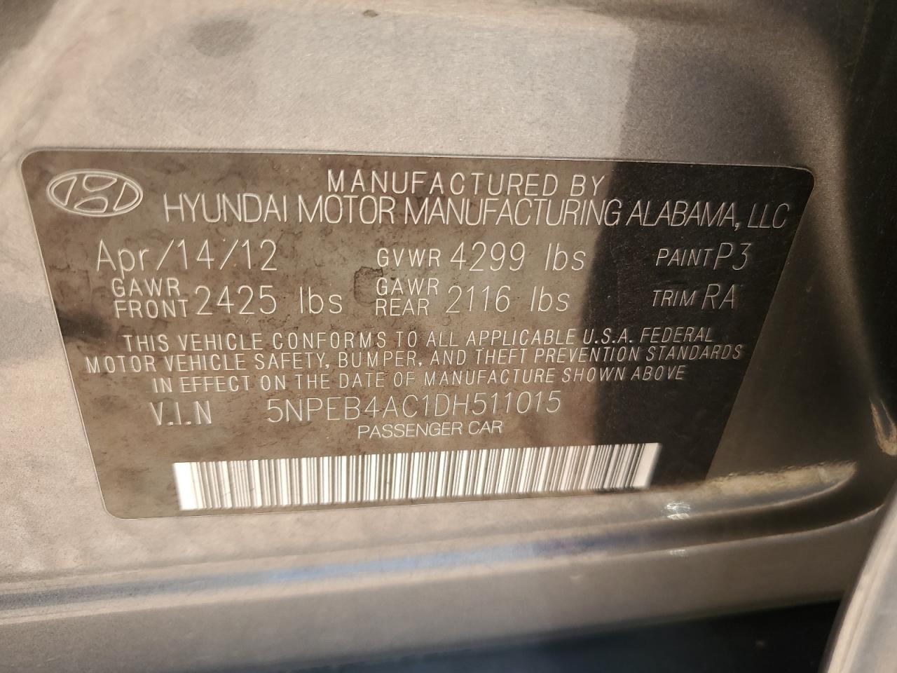 5NPEB4AC1DH511015 2013 Hyundai Sonata Gls