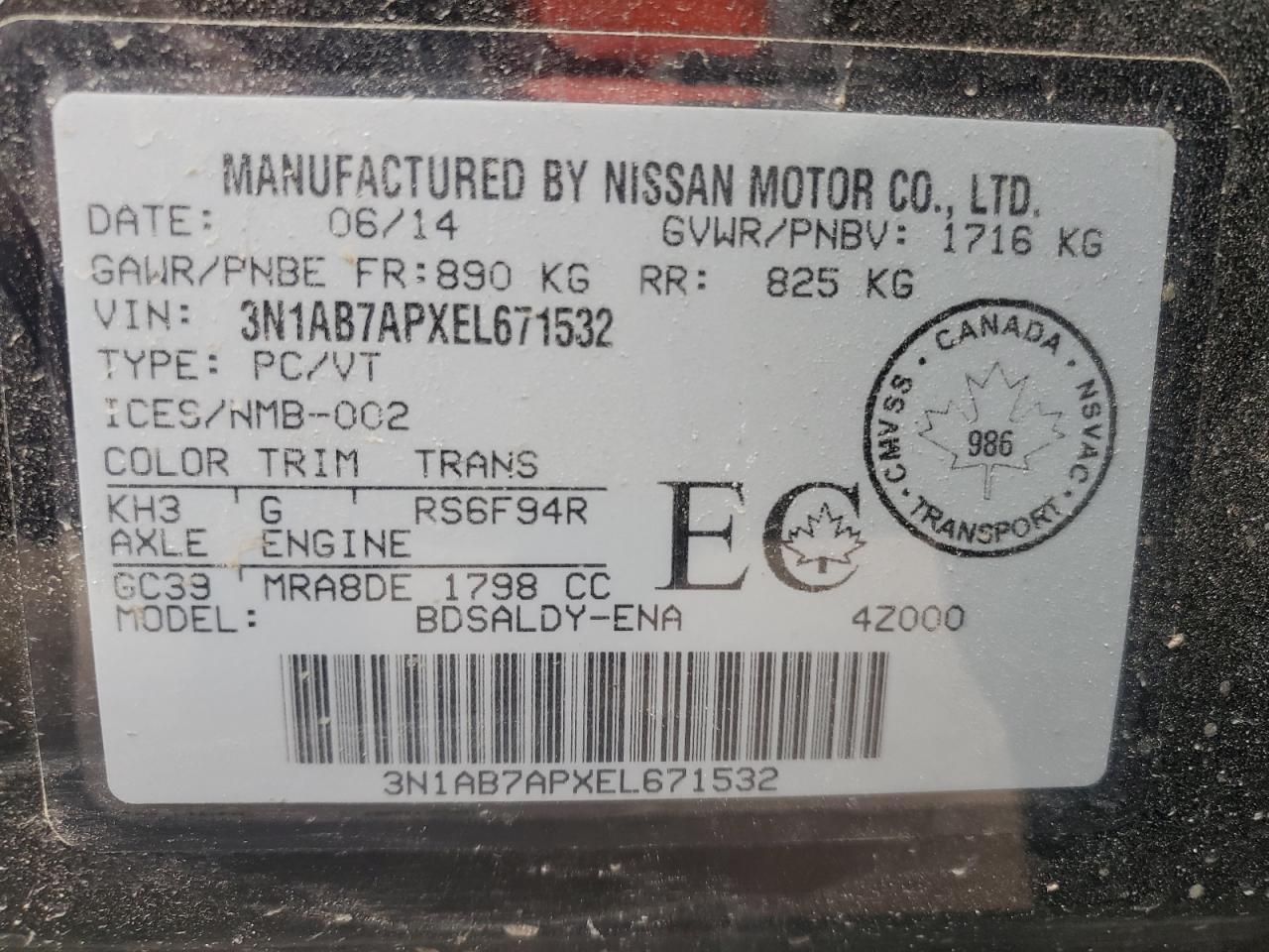 3N1AB7APXEL671532 2014 Nissan Sentra S