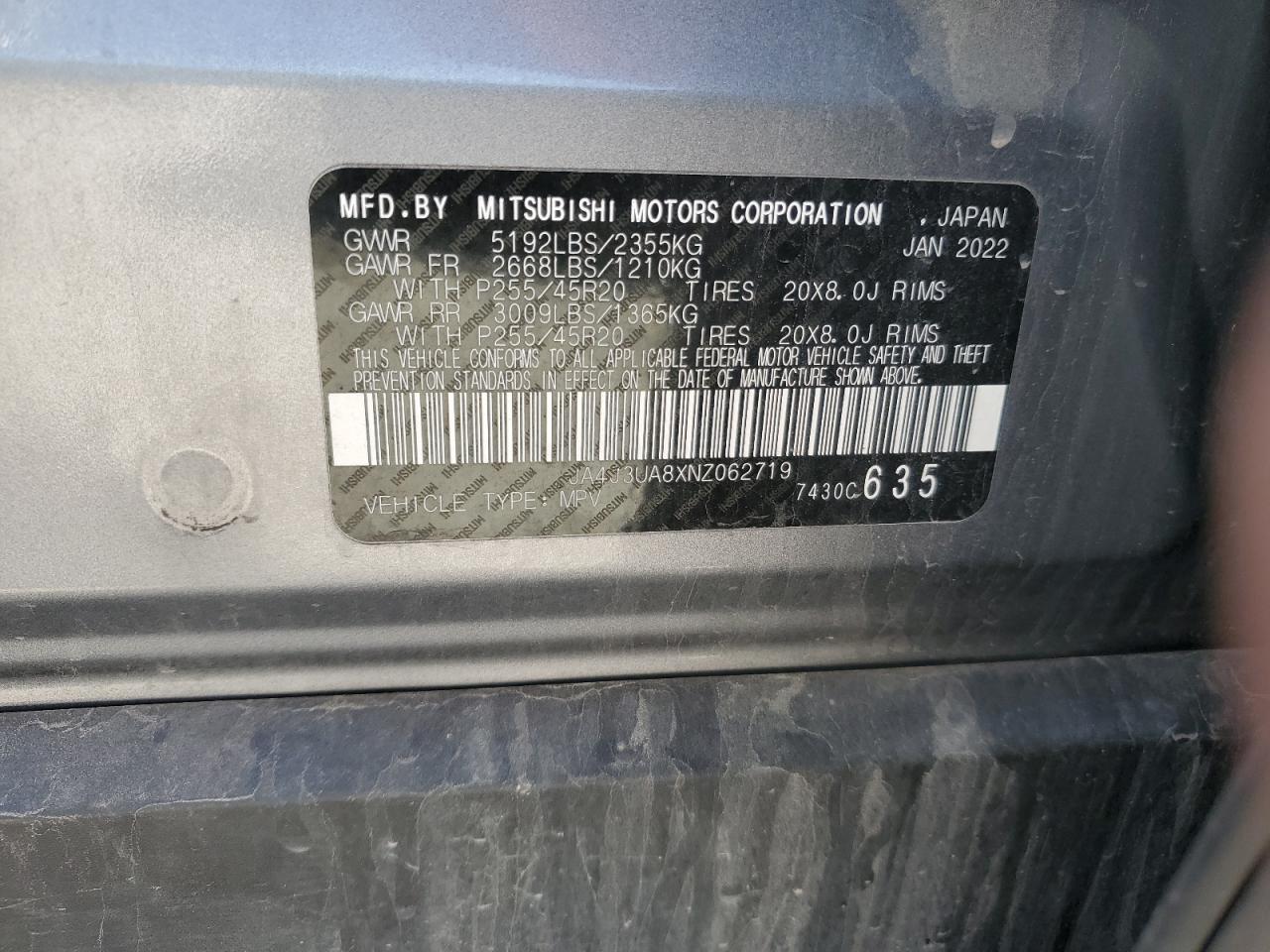 JA4J3UA8XNZ062719 2022 Mitsubishi Outlander Se