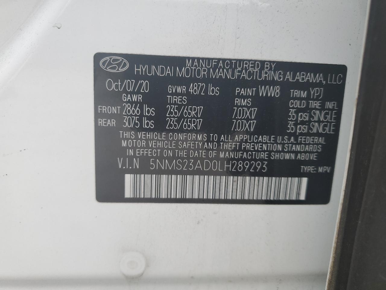 5NMS23AD0LH289293 2020 Hyundai Santa Fe Se