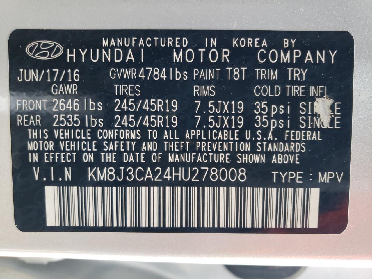 KM8J3CA24HU278008 2017 Hyundai Tucson Limited