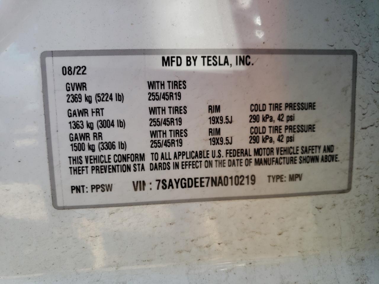 7SAYGDEE7NA010219 2022 Tesla Model Y