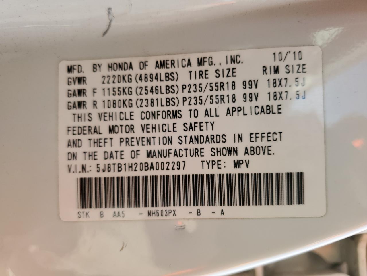 5J8TB1H20BA002297 2011 Acura Rdx