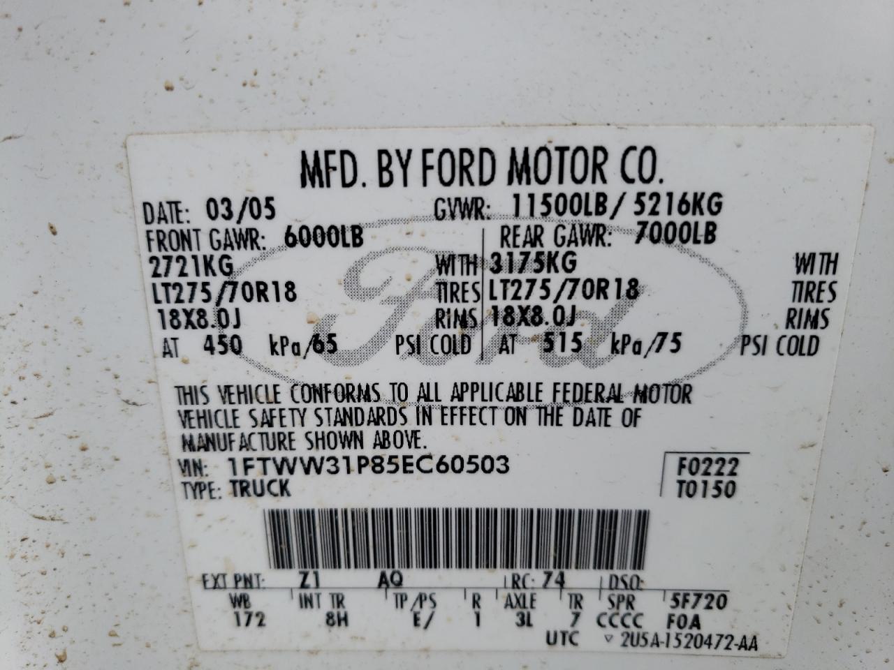 1FTWW31P85EC60503 2005 Ford F350 Srw Super Duty