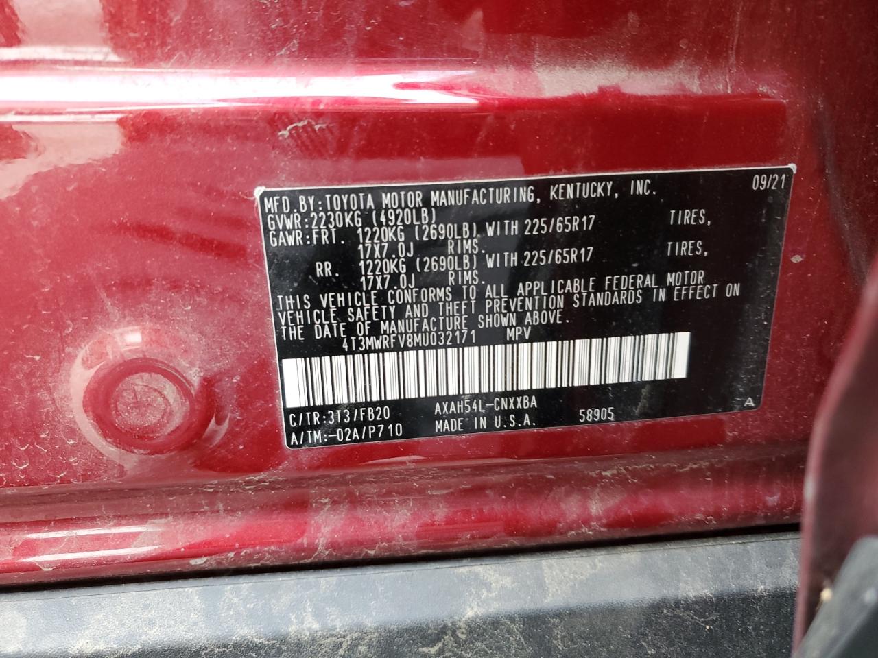 4T3MWRFV8MU032171 2021 Toyota Rav4 Le