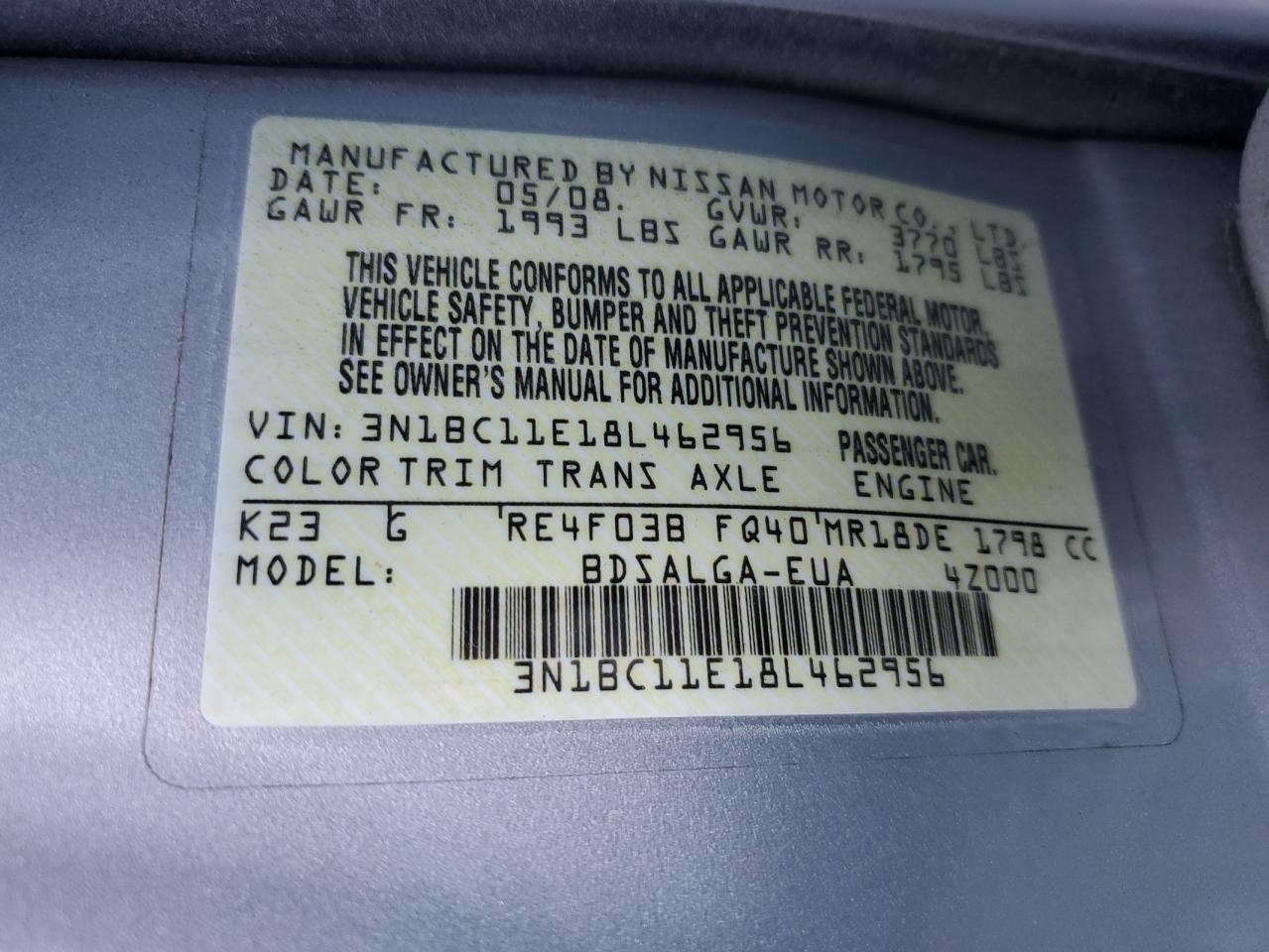 3N1BC11E18L462956 2008 Nissan Versa S