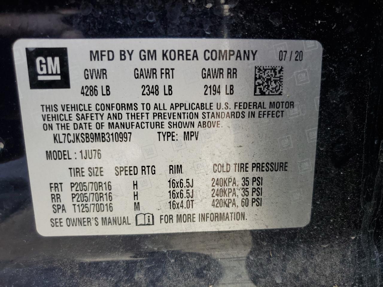 KL7CJKSB9MB310997 2021 Chevrolet Trax Ls