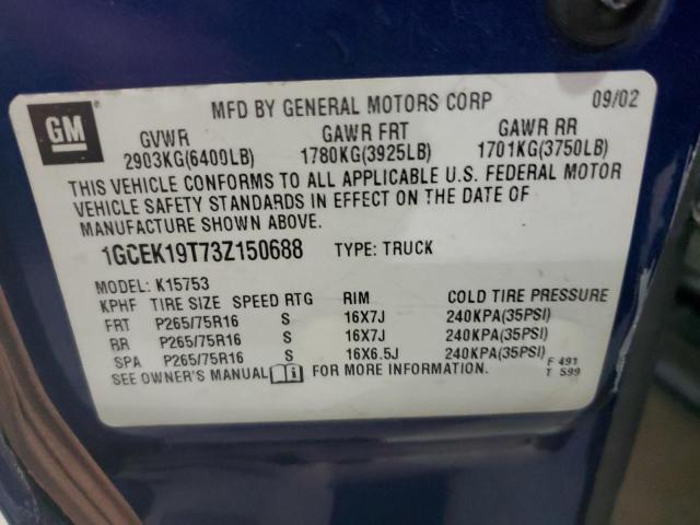 2003 Chevrolet Silverado K1500 VIN: 1GCEK19T73Z150688 Lot: 49808964