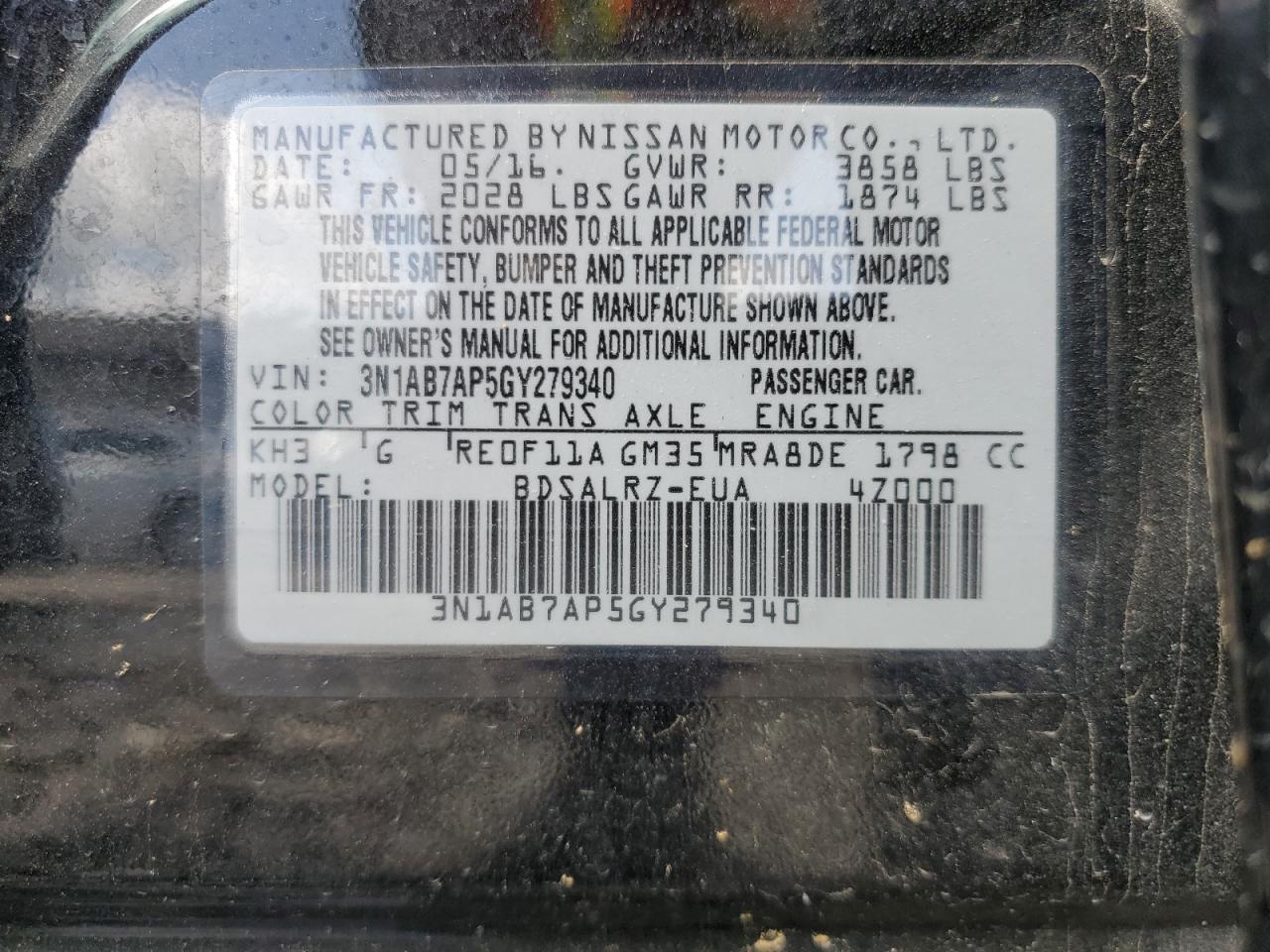 3N1AB7AP5GY279340 2016 Nissan Sentra S